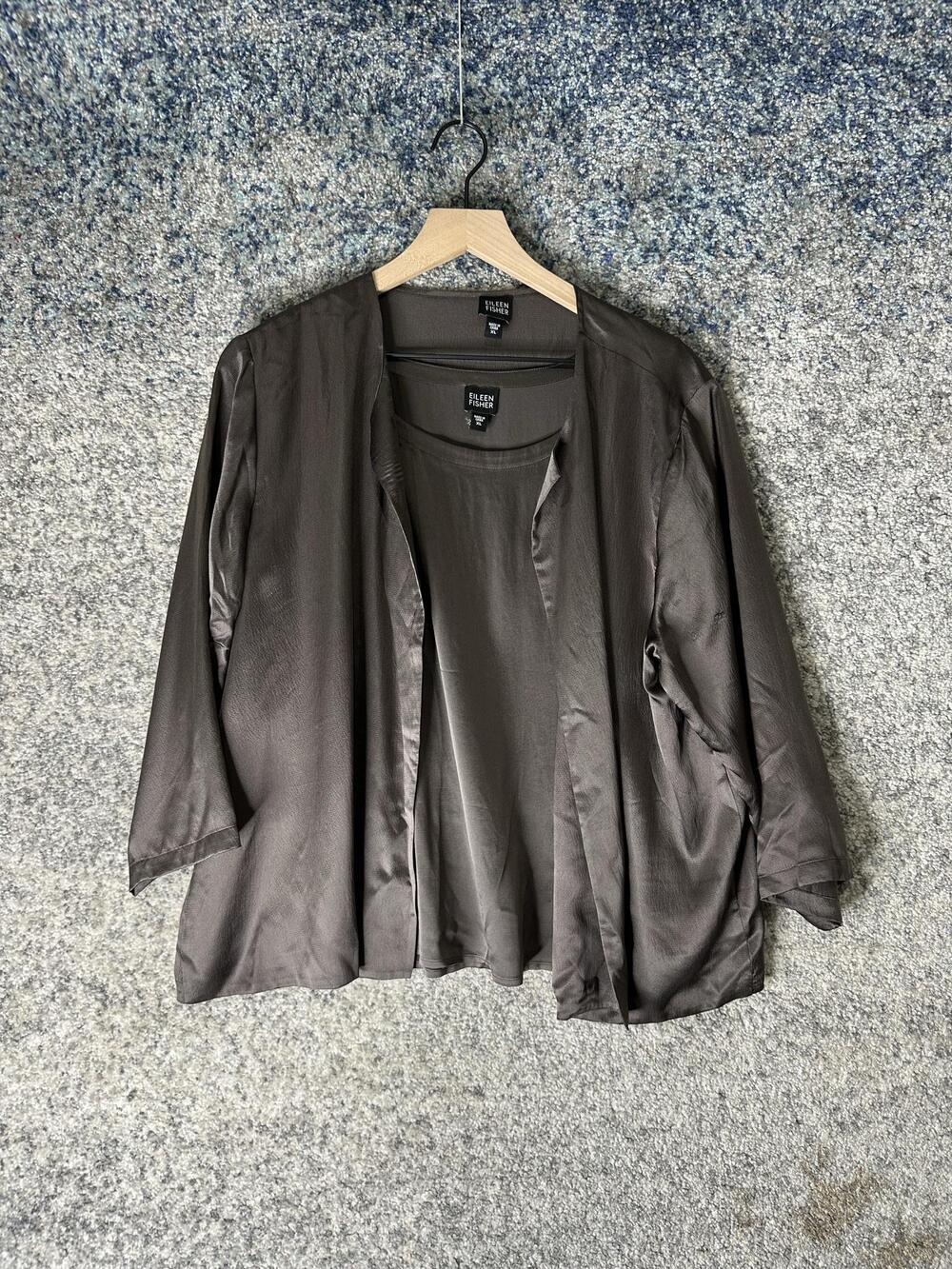 Eileen Fisher Jacket Tank Set Womens XL Gray Silk Satin 2 Piece Outfit Layering